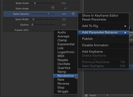 Figure. Inspector Generator tab showing shortcut menu of parameter behaviors.