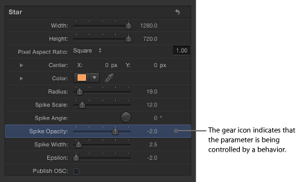 Figure. Generator tab showing Behaviors icon on Spike Width parameter.