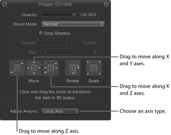 Figure. HUD showing controls that appear when an object in a 3D layer is selected.