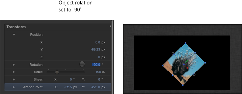 Figure. Inspector and Viewer showing object rotated -90 degrees within group rotated to 45 degrees.