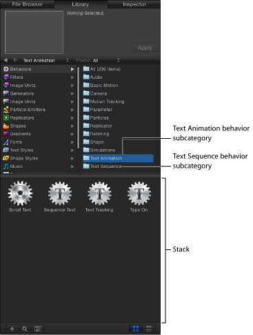 Figure. Library showing Text Animation behavior subcategory.