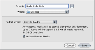 Figure. Save As dialog showing Collect Media pop-up menu options.
