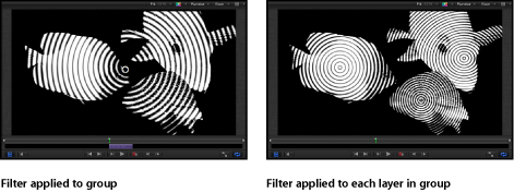 Figure. Canvas showing relative effect of a filter applied once to a group or multiple times to each object within the group.