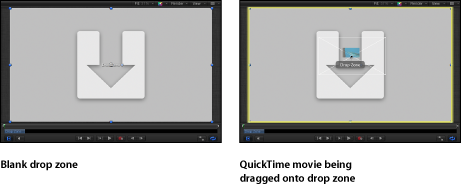 Figure. Canvas window showing a QuickTime movie being dragged onto a drop zone.
