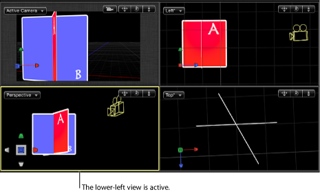 Figure. Canvas window showing four-up view with the upper left view active.