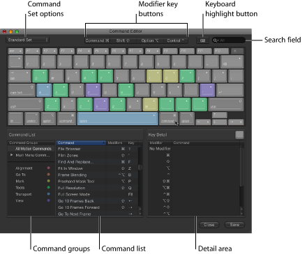 Figure. Command Editor window showing Command Set options, modifier key buttons, Keyboard Highlight button, Search field, Command groups, Command list, and Key Detail area.