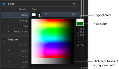 Figure. Pop-up color palette showing original and new color swatches and grayscale color selection area.