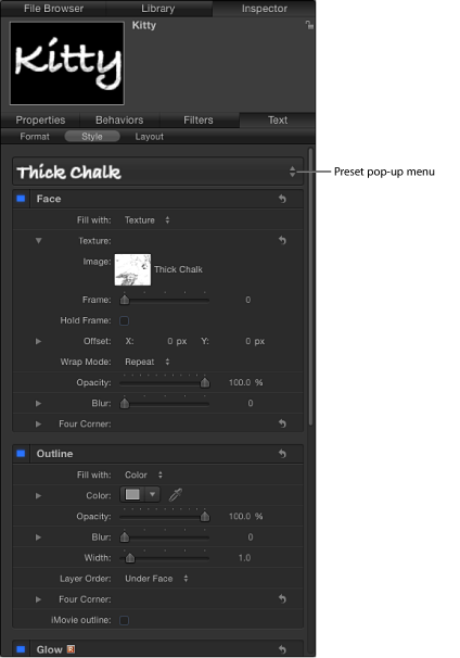 Figure. Style Preset pop-up menu in the Style pane of the Text tab.