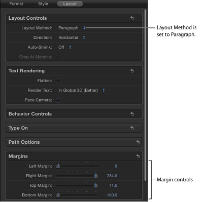 Figure. Layout Method pop-up menu set to Paragraph and active Margin controls, in the Layout pane of the Text tab.