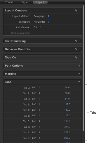 Figure. Inspector showing Text tab options for an imported RTF.