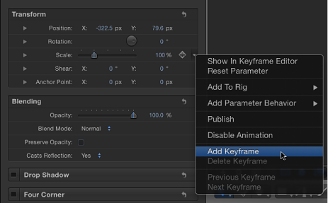 Figure. Add Keyframe shortcut menu in the Inspector.