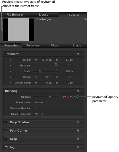 Figure. Inspector showing properties for a rectangle shape.