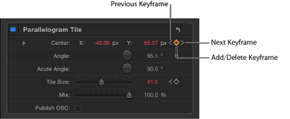 Figure. Inspector showing Previous Keyframe, Add/Delete Keyframe, and Next Keyframe controls.