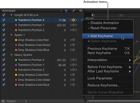 Figure. Keyframe Editor parameter list showing the Animation menu.