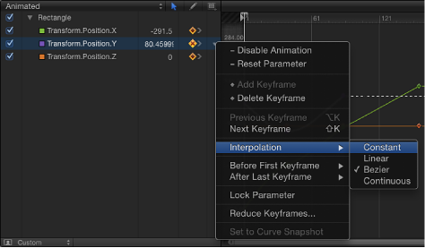 Figure. Changing the interpolation method for an entire parameter using the Animation menu in the Keyframe Editor.