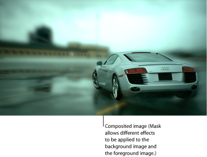 Figure. Canvas window showing a composite created by the masked car in which the background and foreground have different applied effects.