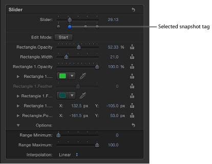 Figure. Inspector showing snapshot tags for a slider widget.
