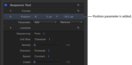 Figure. Inspector showing the Position control added to the Sequence Text parameters.