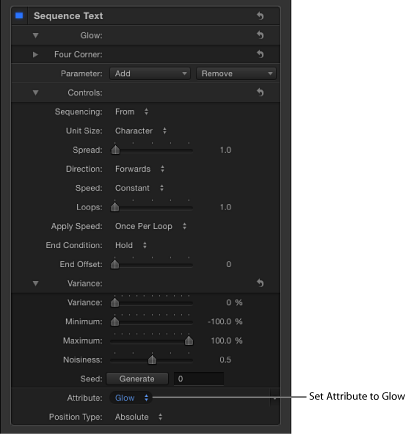 Figure. Inspector showing Attribute pop-up menu in Sequence Text behavior.