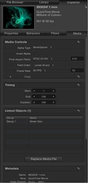 Figure. Inspector showing Media tab.