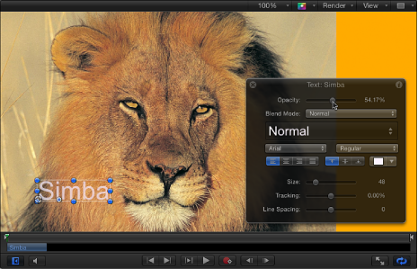 Figure. Canvas window and HUD showing text object's opacity at 45%.