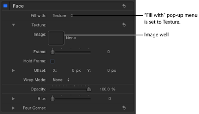 Figure. Inspector window with Text Face "Fill with" parameter set to Texture, revealing image well.