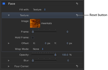 Figure. Inspector window showing reset button for Texture parameter.