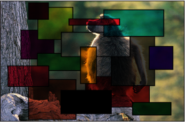 Figure. Canvas window showing the boxes and the monkey blended using the Multiply mode.