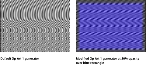 Figure. Canvas window showing the Op Art 1 generator alone and combined with a blue rectangle.