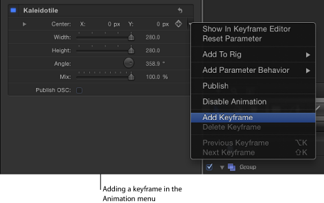 Figure. Animation menu for a filter parameter.