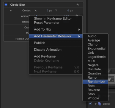 Figure. Behavior shortcut menu for a filter parameter.