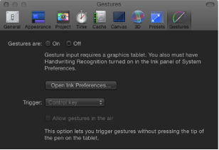 Figure. Motion Preferences window showing Gestures pane.