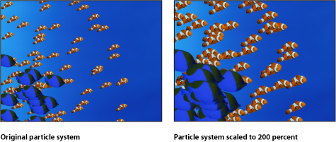 Figure. Canvas window showing a particle system with two cells, each scaled relative to its original size.