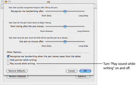 Figure. Ink preferences Options dialog showing "Play sound while writing" setting.