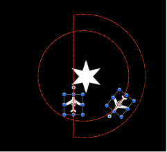 Figure. Canvas window showing the animation path when a Clamp behavior is applied to one of the orbiting objects.