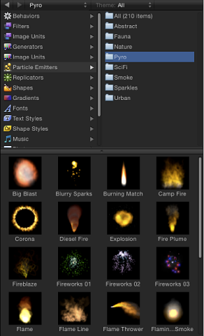 Figure. Library showing Particle Emitters categories.