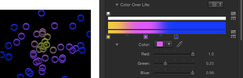 Figure. Canvas window and Inspector showing a particle system set to Over Life color mode and the gradient used to determine the colors.