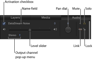 Figure. Audio tab showing Activation checkbox, name field, Level and Pan sliders, Mute and Solo buttons, Output Channel pop-up menu, and lock and link icons.