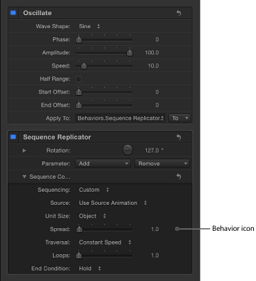 Figure. Behaviors Inspector showing Parameter behavior icon in the Animation menu for the Sequence Replicator behavior.