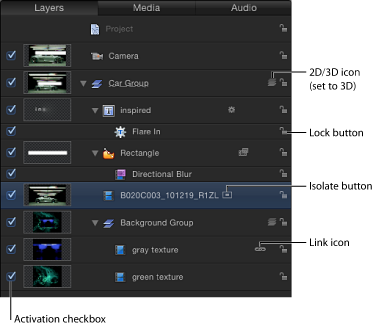 Figure. Layers list showing Isolate button, link icon, 2D/3D icon and additional columns pop-up menu.