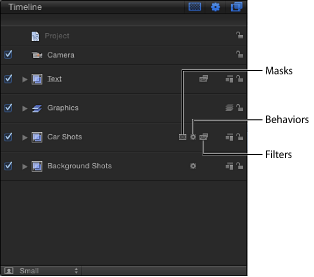 Figure. Masks, Behaviors, and Filters icons in the Timeline layers list.