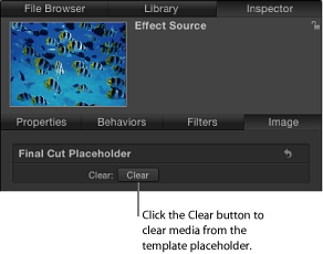 Figure. Clear button in the Image Inspector for a Final Cut template project.