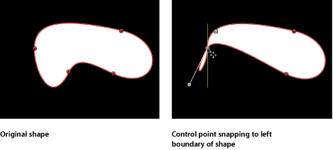 Figure. Canvas window showing a Bezier shape with a guide appearing when a control point is aligned with another control point on the same shape.