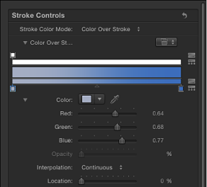 Figure. Stroke pane showing expanded gradient editor for Color Over Stroke parameter.