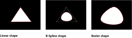 Figure. Canvas window showing a linear shape, a B-Spline shape, and a Bezier shape.