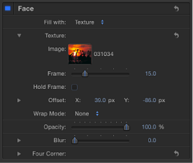 Figure. Inspector window showing Texture editing controls including start Frame, Hold Frame, Offset, and Wrap Mode.