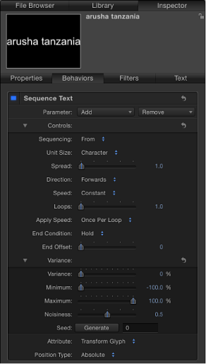 Figure. Inspector showing Sequence Text behavior settings.