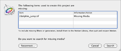 Figure. Dialog showing list of files with missing media.
