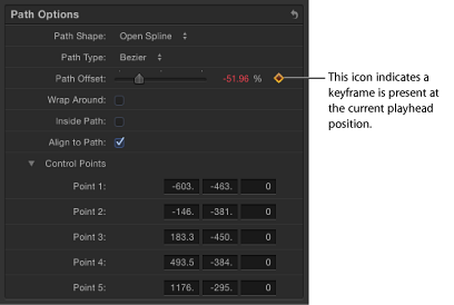 Figure. Inspector window showing the Path Offset animation pop-up menu displaying the keyframe icon.