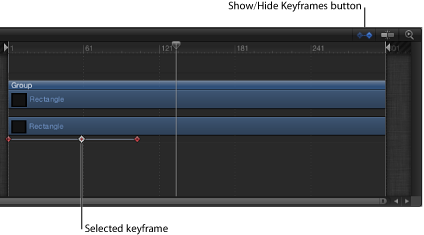 Figure. Timeline showing keyframes in the tracks and the Show/Hide Keyframes button.